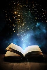 Old magic book with gold lettering on dark background. Open page with blank content and glowing lines. Esoteric knowledge and wisdom on vintage paper.