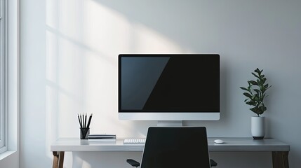 Fototapeta premium A minimalist workspace featuring a computer, chair, and a plant, emphasizing productivity and organization.