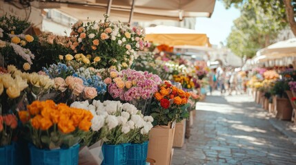 Wide shot of a flower market on a sunny day, with vibrant bouquets of flowers arranged