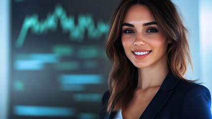 A businesswoman executive in deep thought, surrounded by floating digital interfaces showing real-time analytics and futuristic data projections,