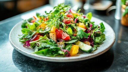 Wide-angle shot of a fresh, colorful salad with a variety of greens, crunchy vegetables, and a hint