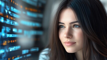 A businesswoman executive in deep thought, surrounded by floating digital interfaces showing real-time analytics and futuristic data projections,