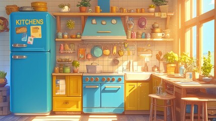 A colorful kitchen with a blue refrigerator. There are lots of cute toys hanging from cabinet shelves in bright colors.