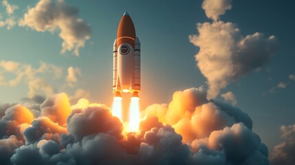 Launching new product or service. Technology development process. Space rocket launch. 3d render.