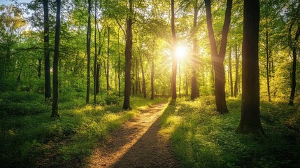Wide-angle shot of a peaceful forest with sun-dappled trees and a well-trodden path leading