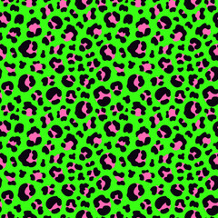  bold and vibrant neon green leopard seamless pattern with pink spots. Perfect for fashion, home decor, or any project needing a trendy and eye-catching design