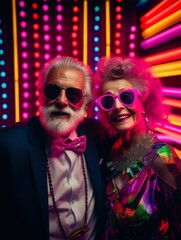 Bearded man and woman dressed in fashionable attire and sunglasses enjoying vibrant neon lights at a New Year disco party.