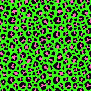  bold and vibrant neon green leopard seamless pattern with pink spots. Perfect for fashion, home decor, or any project needing a trendy and eye-catching design