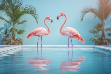 Obraz premium Two flamingos stand gracefully by a tranquil pool surrounded by lush green palm leaves.