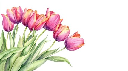 Fototapeta premium A vibrant bouquet of pink tulips arranged beautifully with green stems against a white background