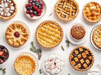 various styles and shapes of pie, including cherry, apple, and pecan tarts, placed on a white table with copy space for text or a logo