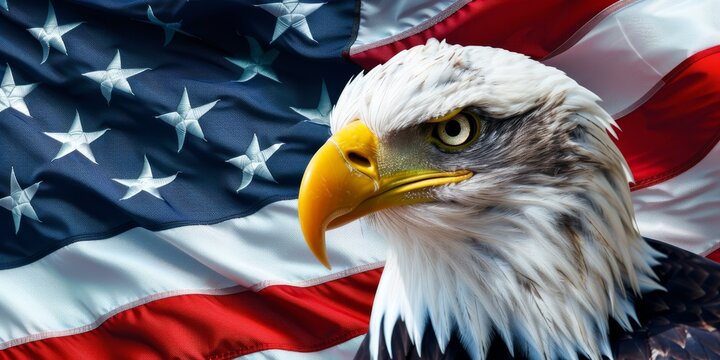 Close-up of a bald eagle with the American flag in the background, representing freedom, strength, and patriotism.