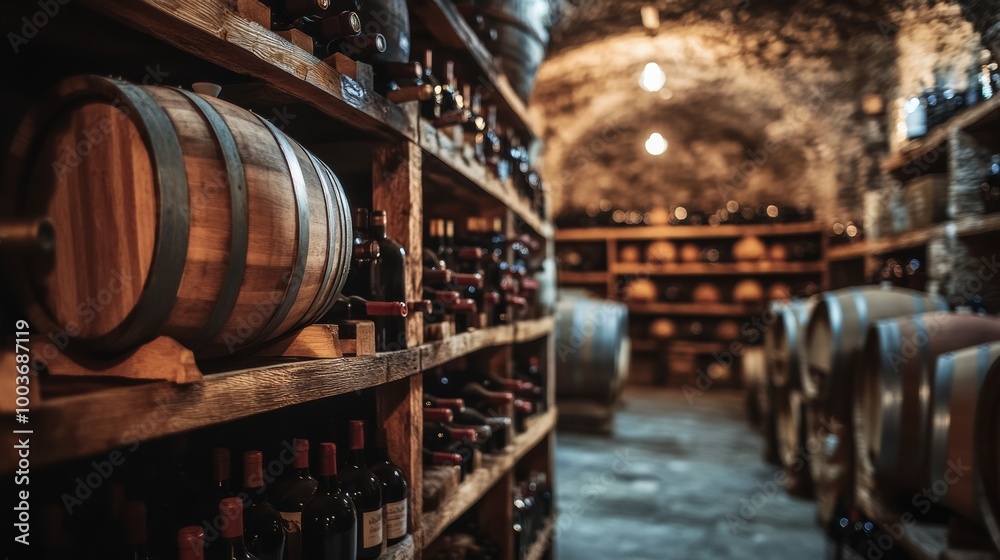 Poster a rustic wine cellar showcasing wooden barrels and neatly arranged wine bottles on shelves in a diml