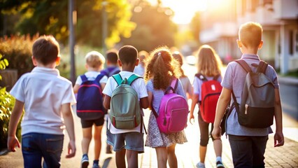 Obraz premium student going for class in elementary school with friends, back to school concept