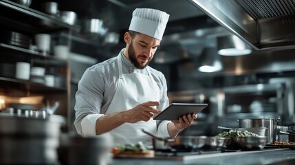 Chef using tablet in modern kitchen, focused on cooking preparation.