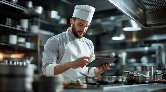 Chef using tablet in modern kitchen, focused on cooking preparation.