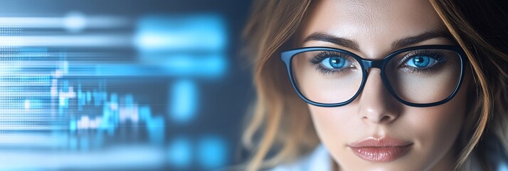 A businesswoman executive in deep thought, surrounded by floating digital interfaces showing real-time analytics and futuristic data projections,