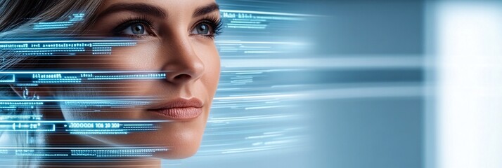 A businesswoman executive in deep thought, surrounded by floating digital interfaces showing real-time analytics and futuristic data projections,