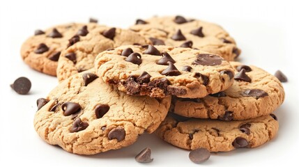Close-up of isolated chocolate chip cookies on white background. Crunchy edges, soft centers. Multiple cookies stacked together. Freshly baked dessert, sweet treats, indulgent snacks.