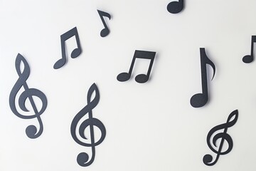 Black music notes on white background. Paper cut design element for decoration, art, and creativity. No people in shot. Top view of decorative music notes. Clean copy space for studio photography.