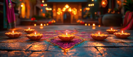 Obraz premium Diwali celebration with illuminated diyas on colorful rangoli in an outdoor courtyard at night