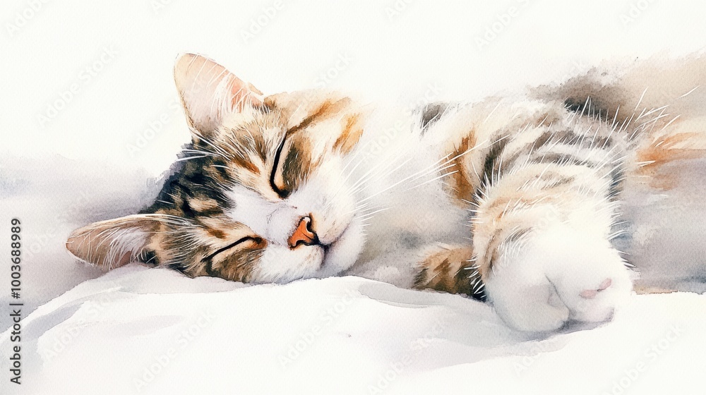 Poster a tranquil cat peacefully sleeping on a soft bedspread against a bright white background during a qu
