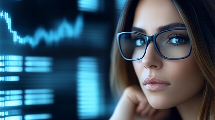 A businesswoman executive in deep thought, surrounded by floating digital interfaces showing real-time analytics and futuristic data projections,