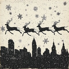 Obraz premium Intricate snowflake patterns surrounding the silhouette of Santa's sleigh and reindeer flying over a cityscape