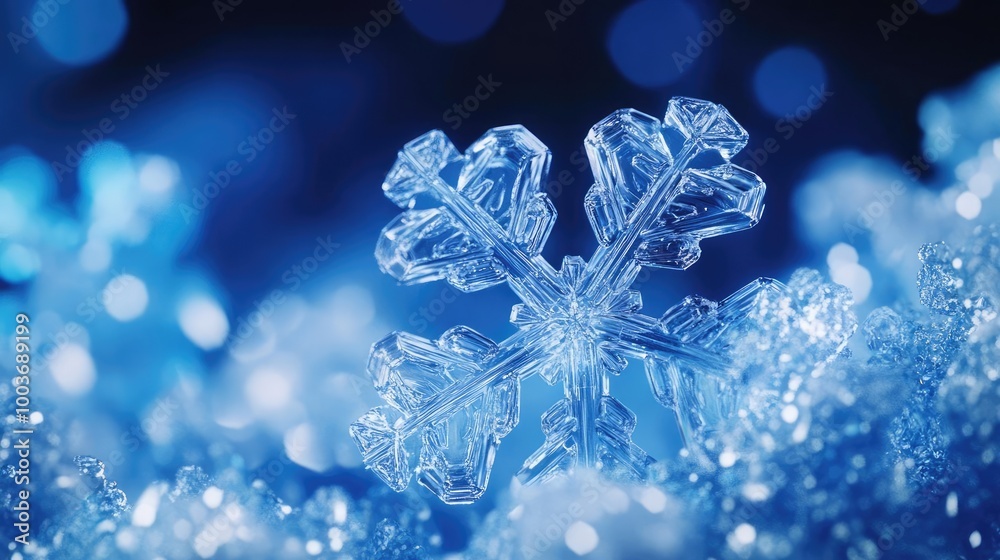 Poster a close-up view of a delicate snowflake resting on shimmering ice, capturing the beauty of winter's 
