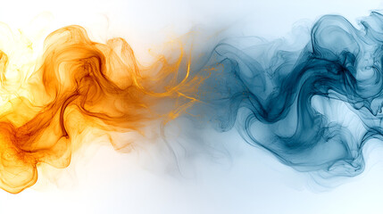 Fototapeta premium Colorful abstract swirls of orange and blue smoke blend together in a soft gradient on a light background, creating a dynamic visual effect