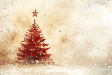 vintage watercolor style Christmas background with stars and a red Christmas tree, with space for text