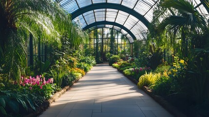 a long, arched greenhouse or conservatory with a pathway running down the middle. The structure has a glass roof and walls, allowing sunlight to stream in and illuminate the space. 