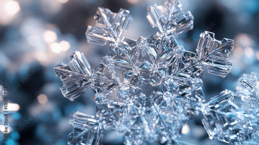 Poster Close-up of a delicate snowflake showcasing intricate details and unique crystalline structure against a shimmering background.