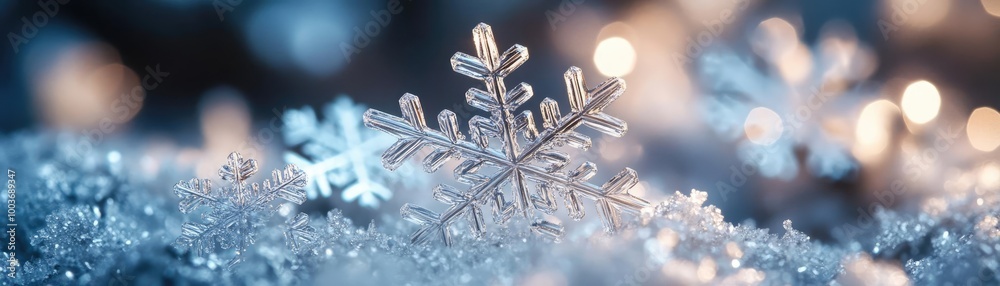 Poster a close-up of a delicate snowflake resting on a bed of shimmering snow, capturing the beauty of wint