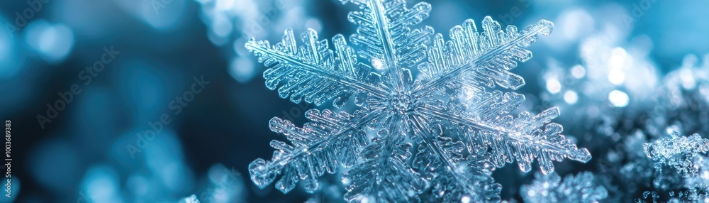 Poster Close-up of a delicate snowflake resting on a glistening surface, showcasing intricate patterns and winter beauty.