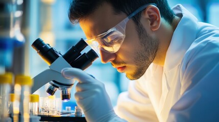 A meticulous scientist conducts an intricate analysis under a modern laboratory microscope with vibrant, colorful vials in the background