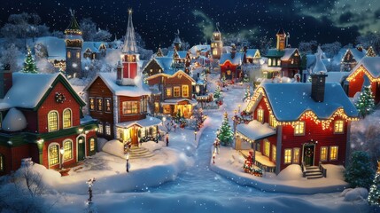 3D animated Christmas village scene with snow-covered rooftops,