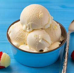 Vanilla ice cream scooped out of container