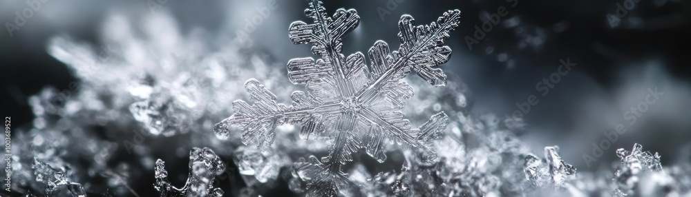 Poster A close-up view of intricate snowflakes showcasing their delicate structure and mesmerizing patterns in winter scenes.