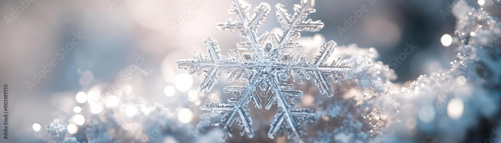 Poster A close-up of a delicate snowflake glistening in soft winter light, showcasing intricate patterns and a serene atmosphere.
