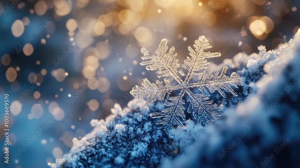 Poster A close-up of a delicate snowflake resting on a snowy surface, shimmering in the light with a beautiful bokeh background.