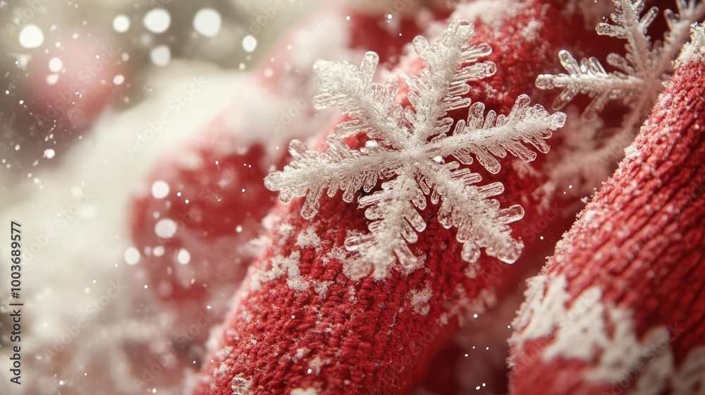 Aufkleber close-up of a red knitted mitten adorned with a delicate snowflake, embodying the essence of winter 