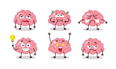 funny brain cartoon with different expressions vector illustration