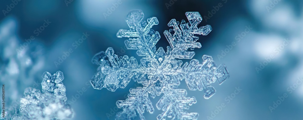 Poster a close-up of a delicate snowflake showcasing intricate patterns against a cool blue backdrop, symbo