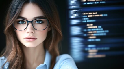 A businesswoman executive in deep thought, surrounded by floating digital interfaces showing real-time analytics and futuristic data projections,