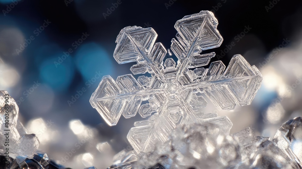 Poster close-up of a stunning snowflake resting on ice crystals, showcasing its intricate geometry and natu