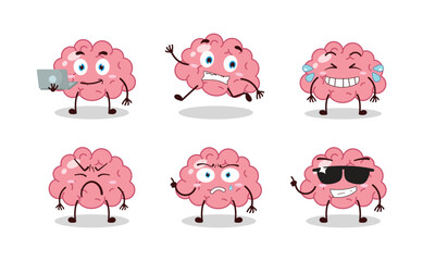 funny brain cartoon character with many pose activity vector illustration