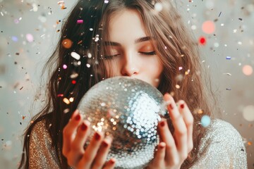 Naklejka premium Fashion girl holding disco ball with confetti