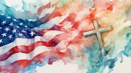 A watercolor painting of an American flag with a cross on it