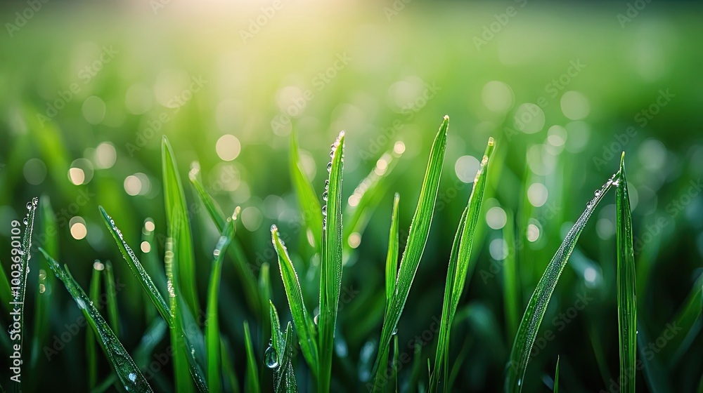 Poster Close-up view of fresh green grass blades adorned with morning dew, illuminated by soft sunlight, creating a serene natural scene.